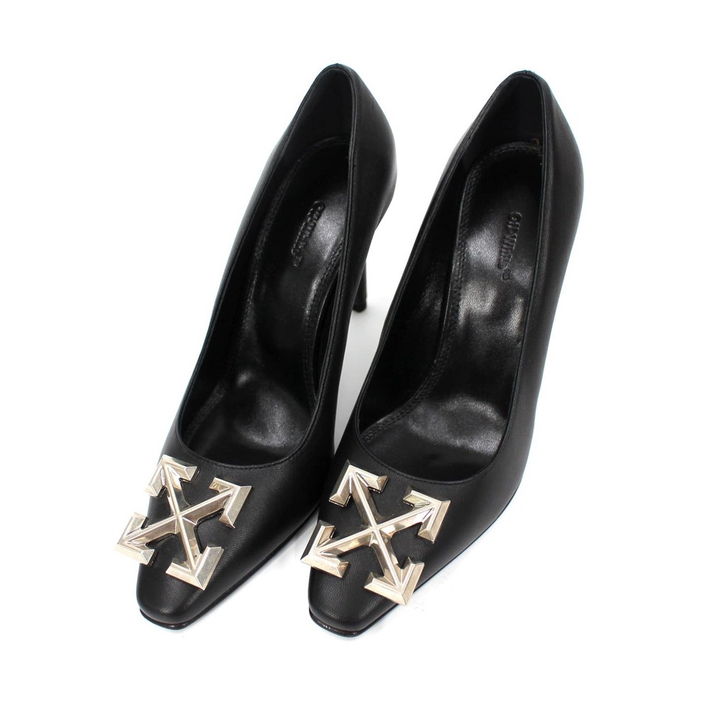 Off-White C/O VIRGIL ABLOH Silver Metal Arrow Toe Heeled Black Pump 36 Logo Shoe